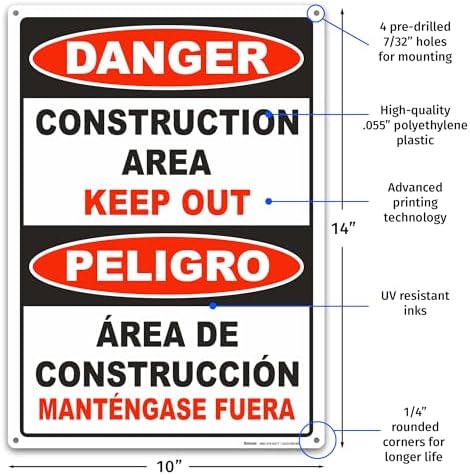 BRIMAR Bilingual Danger Construction Area Keep Out Sign, 10 X 14 Inch