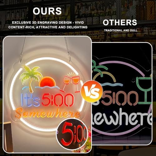 Its 5 00 O'clock Some Where Neon Sign for Wall Decor, 17" x 13" Dimmable LED Beer Sign, 5V USB Powered Bar Neon Light for Home Bar, Business Pub, Beach Party Wall Décor