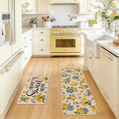 Baccessor Lemon Kitchen Rugs Set of 2, Hydrangea Floral Flowers Kitchen Mats for Spring Summer Floor Hallway Laundry Sink Low-Profile Home Decoration 17x29 and 17x47 Inch