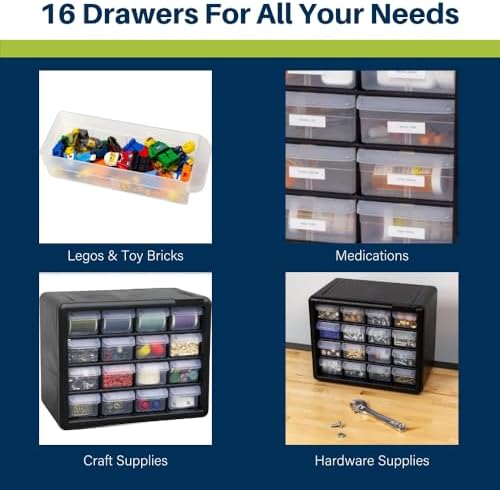 Akro-Mils 16-Drawer Plastic Drawer Storage Cabinet for Garage Organization, Beads, Makeup Organizer, Building Bricks Storage, Teacher Toolbox, 10-1/2-Inch W x 6-1/2-Inch D x 8-1/2-Inch H, 10116 White