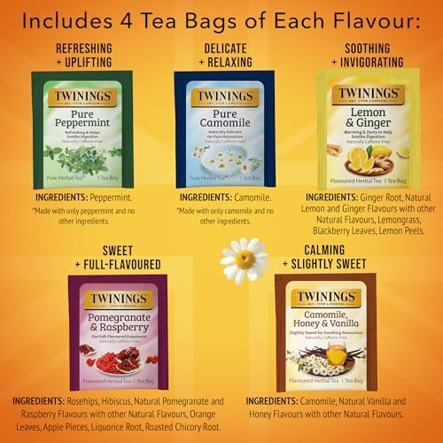 Twinings Herbal Tea Variety Pack, 20 Count (Pack of 6), Formerly Assorted Herbal, Includes 5 Flavours, Naturally Caffeine-Free, Enjoy Hot or Iced, 120 Teabags