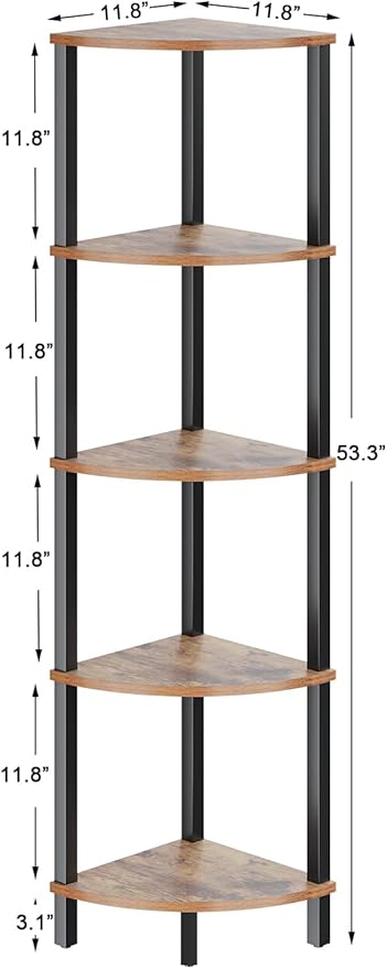 VIMBER Corner Shelf, 5-Tier Corner Bookshelf, Industrial Corner Ladder Shelf, Rustic Display Shelf for Living Room, Bedroom, Kitchen, Home Office, Rustic Brown and Black UJSJ001H