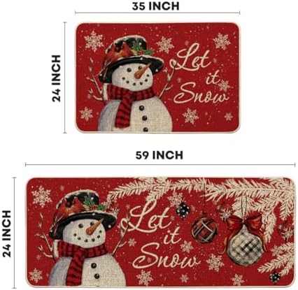 Artoid Mode Snowman Let It Snow Snowflake Christmas Kitchen Mats Set of 2, Winter Home Decor Low-Profile Kitchen Rugs for Floor - 24x35 and 24x59 Inch