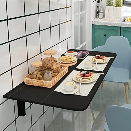 COSTWAY Wall Mounted Folding Table, 31.5" x 23.5" Drop-Leaf Floating Writing Desk for Small Spaces, Space-Saving Fold Down Laptop Workstation for Kitchen, Bedroom, Laundry Room, Study Room (Black)