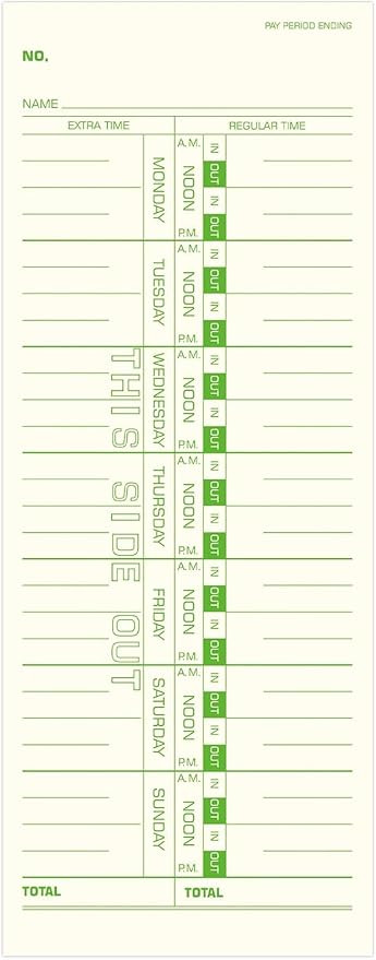 Weekly Time Cards 1-Sided, 3-1/2" x 9", Named Days, 1000-Count,Time Cards for Employees, Green Print, Timecards for Time Clocks