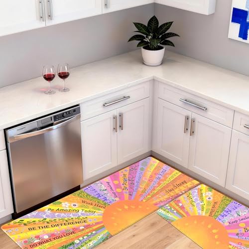 Boho Kitchen Mats for Floor Floral Cushioned Anti Fatigue Mats for Kitchen Floor for Sink, Stove, Desk, Laundry,17"x30"+17"x47", Orange