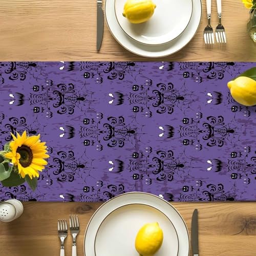 Halloween Haunted Table Runner Dresser Scarf 13 x 36 Inch Purple Black Ghost House Mansion Table Runners Non-Slip Heat Resistant Kitchen Dining Table Decor for Halloween Holidays Indoor Outdoor