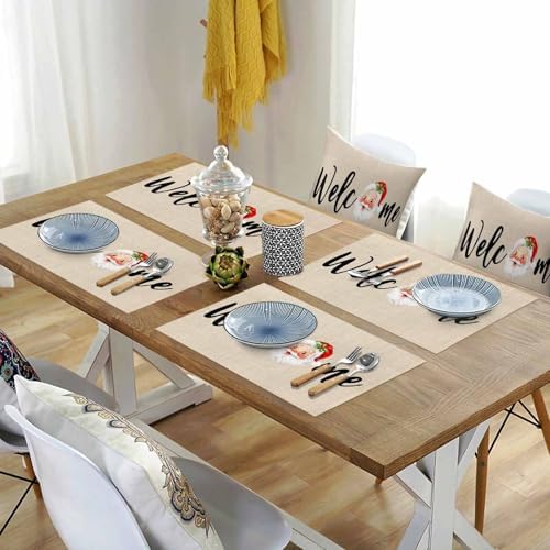 Christmas Welcome Placemats Set of 4, Santa Heat Resistant Washable Table Place Mats Farmhouse Rustic Xmas Cotton Table Linens Party Holiday Decor for Kitchen Dining Outdoor Indoor