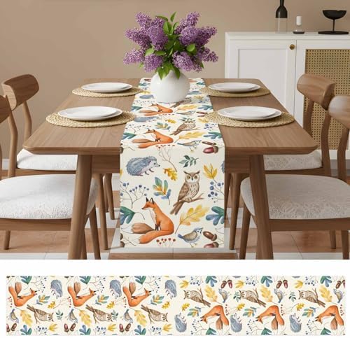 Fall Table Runner Autumn Animal Table Runners Harvest Thanksgiving Owl Bird Fox Leaves Cotton Linen Dresser Scarf Kitchen Dining Table Decor for Autumn Holiday Party Coffee 13x120 Inch