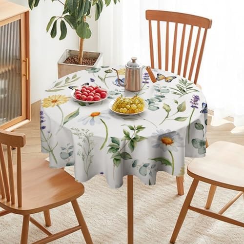 Watercolor Wildflowers Tablecloth, Summer Daisy Lavender Eucalyptus Branches Leaves Print Table Cover for Tea Party Weddings Indoor Outdoor Dining, 70x70in