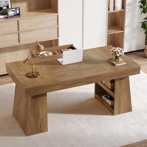Tribesigns 55-Inch Executive Desk with Drawer, Large Office Computer Desk with Double Pedestal and Storage Shelves, Farmhouse Wooden Writing Table Workstation Business Furniture for Home Office, Brown
