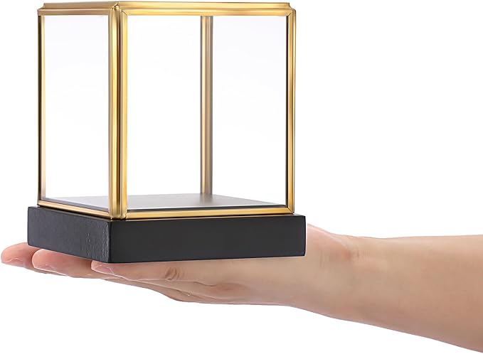 Hipiwe Clear Glass Display Box Case for Collectibles with Black Wood Base | Vintage Gold Display Case for Plants Action Figurine Models Keepsake Boxes, Square, 3.3x3.3x3.6 Inch