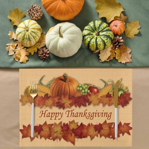 Vandarllin Thanksgiving Holiday Placemats Set of 4, Fall Harvest Pumpkins Cotton Linen Stain Resistant Table Mats Washable Placemat Decoration for Kitchen Dining Table,Autumn