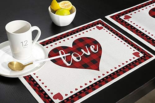 Valentines Day Placemats Set of 4, Red and Black Buffalo Check Plaid Love Cotton Line Fabric Heat Resistant Table Mats Non-Slip Washable Mats Decoration for Home Kitchen Dining Wedding Holiday Party