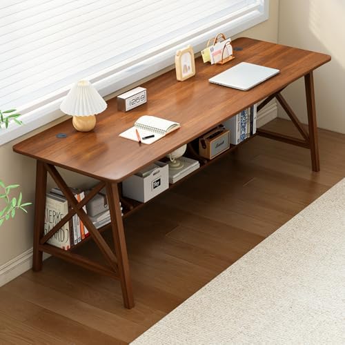 NELYE Extra Long Writing Desk with Bookshelf, 71" Wx24 Dx30 H, Walnut