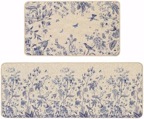 Baccessor Blue Floral Kitchen Mats Set of 2,Summer Kitchen Rugs for Floor Monochrome Sketch Non Slip Low-Profile Seasonal Summer Home Decor 17x29 and 17x47 Inch