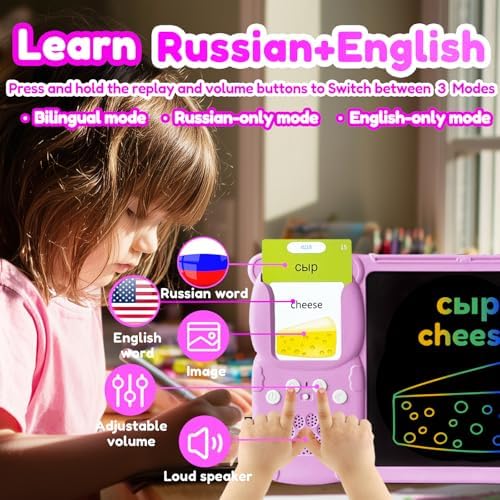 Writing Tablet with Bilingual Flash Cards for Kid, Russian, Pink