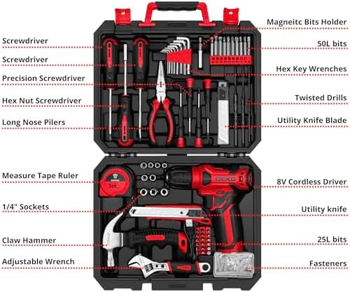 DEKOPRO Drill Set: 8V Cordless Drill, Home Tool Kit with 126 Piece Set