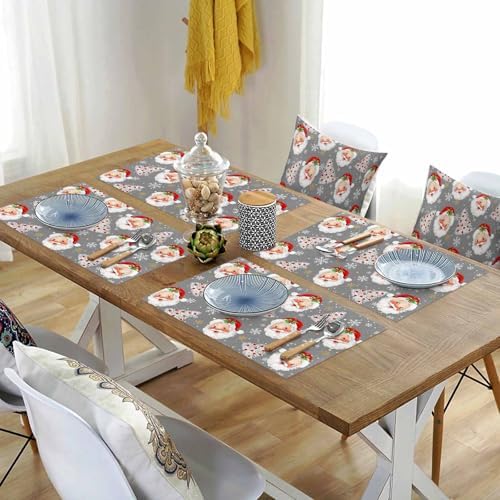 Grey Christmas Placemats Set of 4, Santa Claus Merry Christmas Tree Heat Resistant Washable Table Place Mats Winter Snowflake Cotton Table Linens Party Holiday Decor for Kitchen Dining Outdoor Indoor