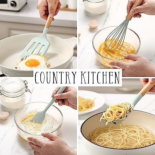 Country Kitchen Non Stick Silicone Utensil Set with Rounded Wood Handles for Cooking and Baking, 14 Piece Set, Mint