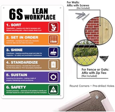Aluminum 6S Lean Workplace Sign, Multicolour, 18x12 Inch, Minimalist Style, Wall Mount, Office, Home, Restaurant, Garden, Bar, Hotel, Club, Outdoor