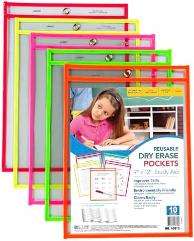 C-Line Reusable Dry Erase Pockets, 9 x 12 Inches, Assorted Neon Colors, 10 Pockets per Pack (40810)