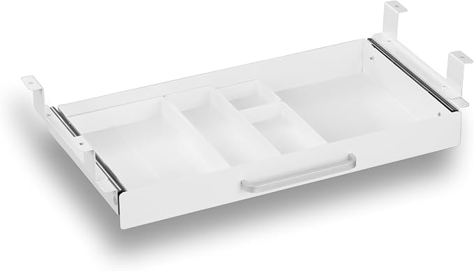 Under Desk Drawer 21" with 4 Divider Trays, Storage Drawer Organizer | White, Under Counter, Desk Accessory, Attachable for Workbench, Adjustable Brackets, for Desk Lip with Crossbar, Clamp Mount