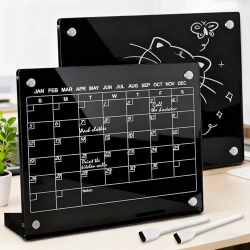 2PCS Black Acrylic Calendar Dry Erase Board with Stand for Desk, 16x12 Large Desktop Monthly Whiteboard Magnetic Fridge Memo Board, Daily Planner Chalkboard Easel for Office, School