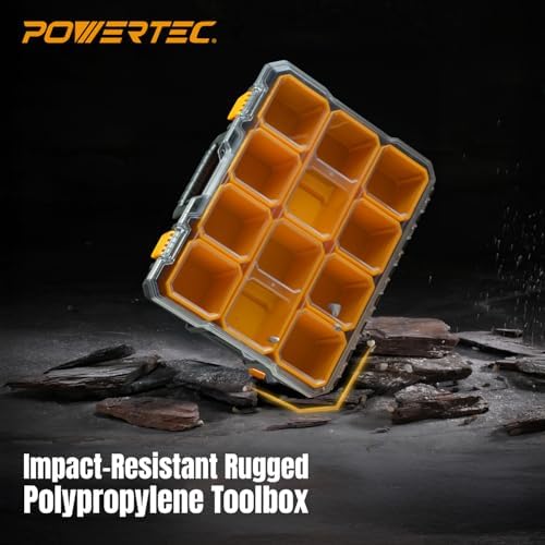 POWERTEC Small Parts Organizer & Tool Box – 10 Compartments, IP65 Water & Dust Protection, Stackable Storage with Interlocking Latch, Removable Tray, Clear Lid, Portable Design, 2-Pack (72365-P2)