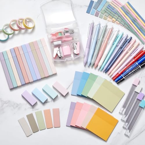 Sinload 60 Pcs Aesthetic Book Annotation Kit Gray Pencil Case with Highlighter Gel Pen Mechanical Pencil Magnetic Bookmarks Transparent Sticky Note Tabs Mini Office Supplies