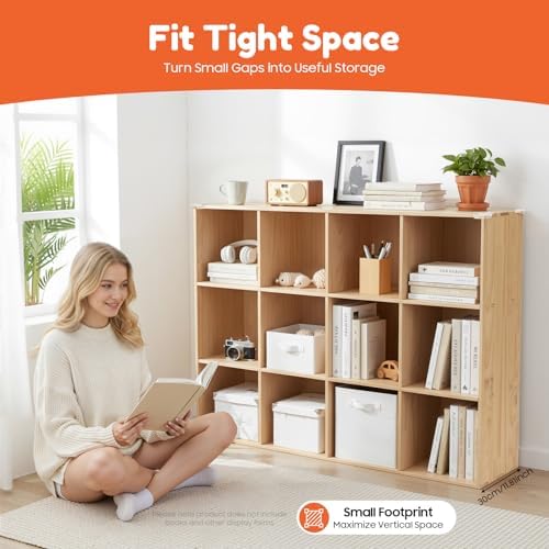 12 Cube Storage Organizer - Solid Wood Bookshelf - Cube Shelf - Vertical or Horizontal Bookcase - Open Book Shelf - Easy Assembly for Bedroom, Living Room, Office