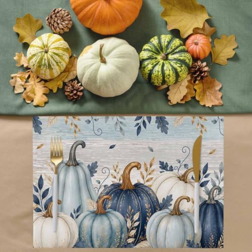 Fall Thanksgiving Placemats, Teal Blue White Pumpkin Heat Resistant Washable Dining Table Mats Fall Holiday Farmhouse Decor for Kitchen&Linens Outdoor Indoor, Harvest Autumn Leaves