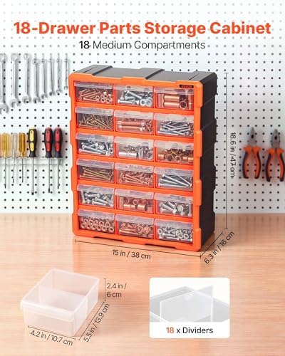 VEVOR 18-Drawer Storage Organizer, Plastic, Drawer Storage Cabinet for Garage Organization, Stackable Small Parts Organizer, Wall-Mounted Toolbox, for Hardware, Beads, Screws, Crafts, Building Bricks