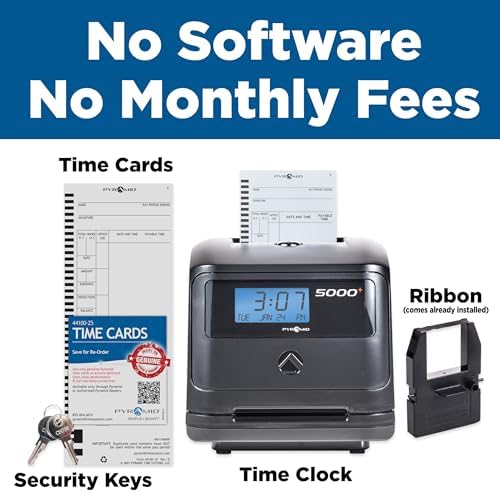 Pyramid Time Systems - Model 5000 Auto Totaling Time Clock - Black | Employee In/Out Time Tracker for Small Business, Includes 25 Time Cards, 1 Ink Ribbon Cartridge, 2 Security Keys, User Guide