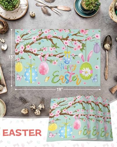 Happy Easter Placemats Set of 6, Spring Floral Bunny Rabbit Ear Eggs Heat Resistant Dining Table Mats Holiday Farmhouse Decor for Kitchen&Linens Outdoor Indoor, Pink Flower Branch Green Leaves