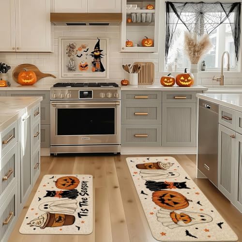 Baccessor Halloween Ghost Kitchen Rugs Set of 2,Tis The Season Spooky Pumpkin Black Cat Mat Rug Indoor Outdoor Low-Profile Non Slip Absorbent Floor Mats for Home Holiday Decor 17x29 and 17x47 Inch