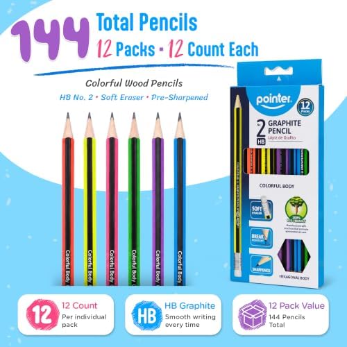 Pointer Classroom Sharpened Pencils - HB Colorful Graphite Wooden 144 Pack