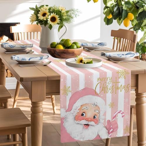 Pink Santa Claus Table Runner Dresser Scarf 13 x 60 Inch Merry Christmas Candy Snowflake White Striped Table Runners Non-Slip Heat Resistant Kitchen Dining Table Decor for Home Holidays Indoor Outdoor