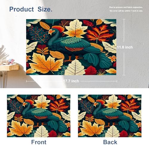 Batmerry Turquoise Thanksgiving Turkey Linen Placemats Set of 4, Autumn Berries Leaves Washable Table Mats for Kitchen Table Thickened Heat Insulation Dining Set Indoor Outdoor 12X18 in