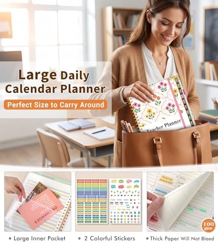 Teacher Planner 2026-2027, July 2026 - June 2027, Academic Weekly & Monthly Calendar Planner with Tabs, 8.5" x 11" A4 Teacher Lesson Plan Book with 7 Periods, Daily Agenda School Organizer for Teacher Student Homeschool, Bowknot Flowers