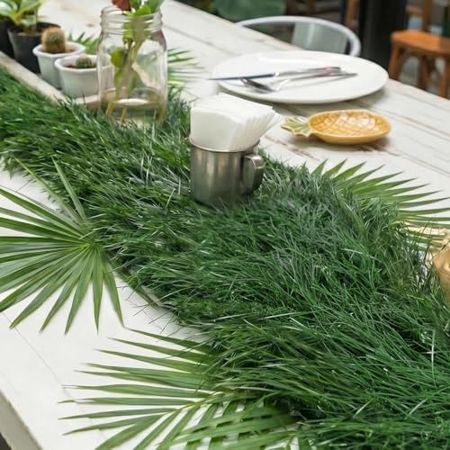 XLX TURF 13" x 108" Shaggy Fake Grass Table Runner for Hawaiian Party Summer Decor, Fireproof Green Thatch Palm for Wedding, Jungle Safari Wild One Birthday, Baby Shower