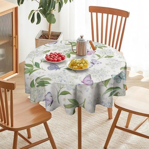Butterfly Floral Tablecloth, Spring Summer Watercolor Flowers Plants Leaves Print Table Cover for Party Picnic Dinner Decor, 70x70in