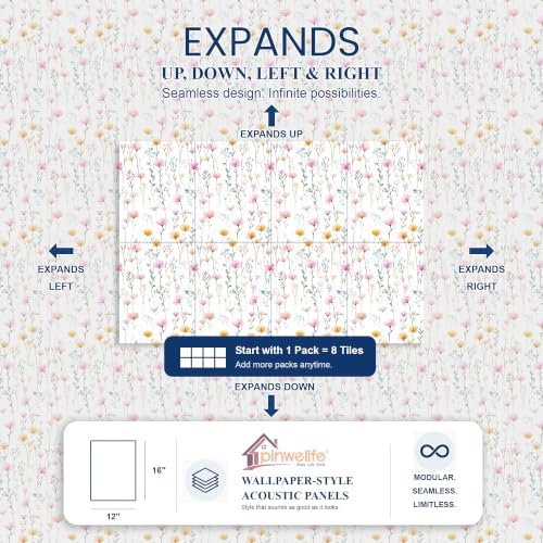 PINWELIFE® Acoustic Art Tiles – 8-Pack 12"x16" Sound Absorbing Panels, Seamless Wallpaper-Style Decorative Acoustic Wall Art, Echo Reduction for Home Studio/Office, Nano Tape Included