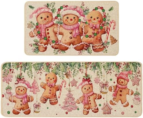 Baccessor Christmas Gingerbread Kitchen Rugs Set of 2, Pink Merry Christmas Xmas Winter Kitchen Mats Washable Non Slip for Floor Hallway Laundry Sink Holiday Home Decor 17x29 and 17x47 Inch