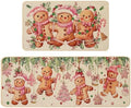 Baccessor Christmas Gingerbread Kitchen Rugs Set of 2, Pink Merry Christmas Xmas Winter Kitchen Mats Washable Non Slip for Floor Hallway Laundry Sink Holiday Home Decor 17x29 and 17x47 Inch
