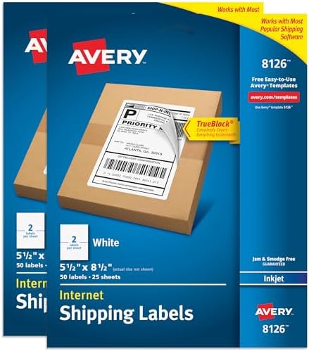 Avery® Printable Shipping Labels, 5.5" x 8.5" Customizable Stickers, White, 100 Blank Mailing Labels Total, Great for Mailing, Shipping, Organizing, and More (2-Pack of 8126)