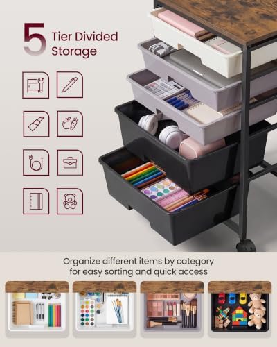 VASAGLE Rolling Cart with Drawers,5 Drawers Storage Cart, Black