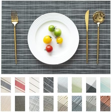 Placemats Set of 6 Vinyl/Plastic Woven Place Mats for Kitchen Table Indoor/Outdoor Washable Placemat Wipeable Dining Table Mats (Black Stripes,6)