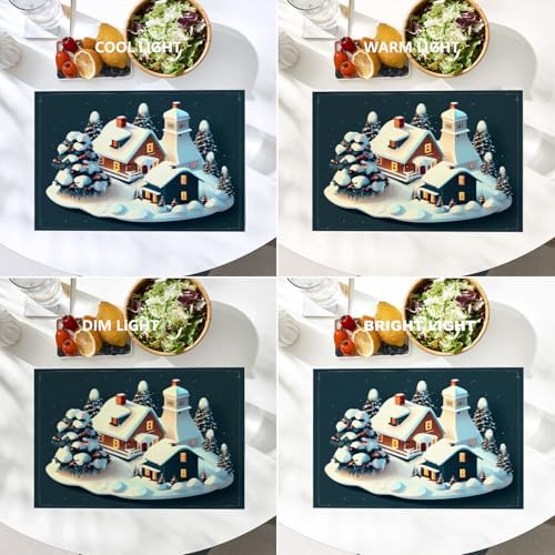 Batmerry Christmas Houses Linen Placemats Set of 4, Holiday Building Covered Snow Spruce Washable Table Mats for Kitchen Table Thickened Heat Insulation Dining Set Indoor Outdoor 12X18 in