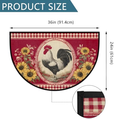 Rooster Sunflower Red Half Round Door Mat, Non-Slip Welcome Indoor Entrance Way Rug Semi Circle Front Doormats Washable Bathroom Kitchen Floor Mat, Outdoor Rugs for Garage, Patio, Hearth Rug,A-01